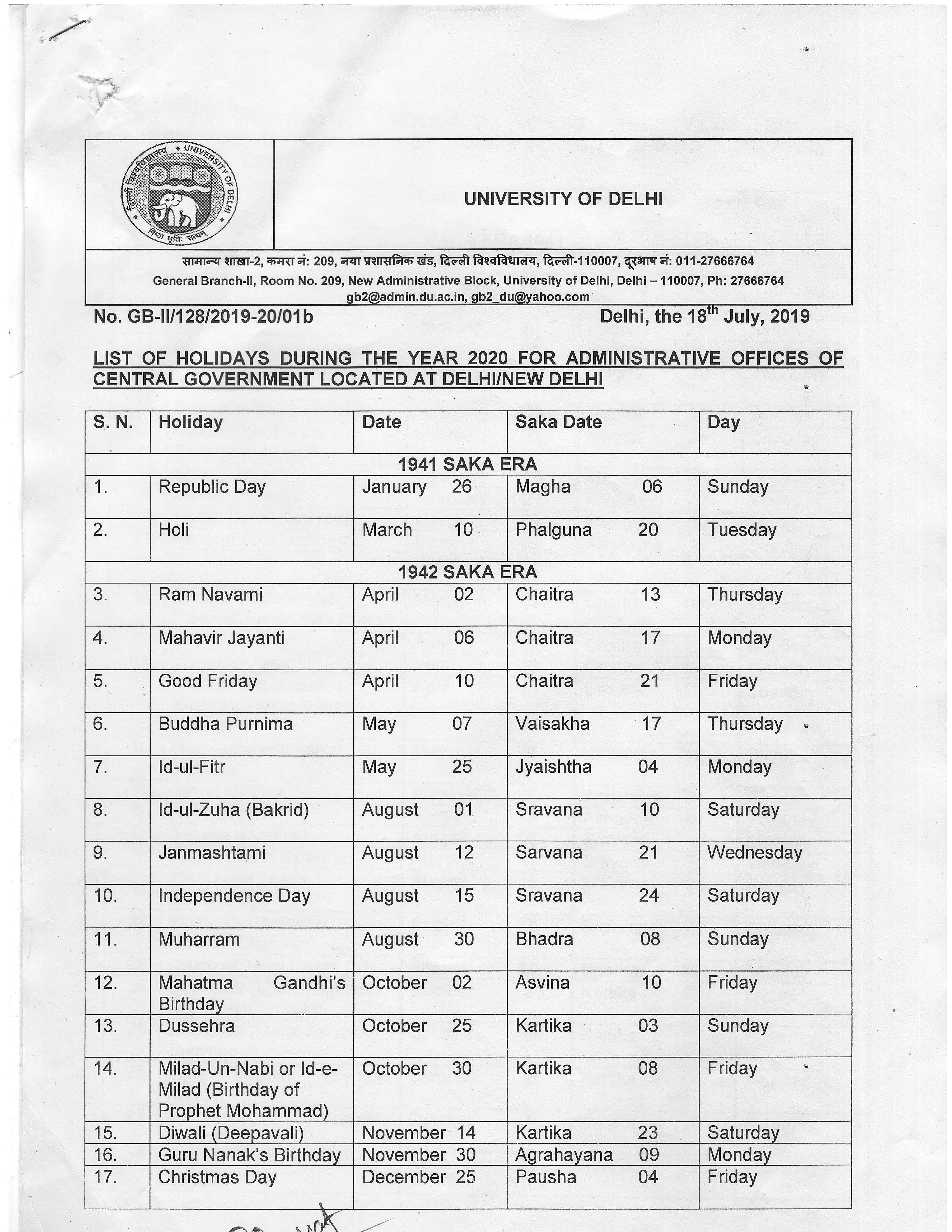 List of Holidays Bharati College Constituent College of University