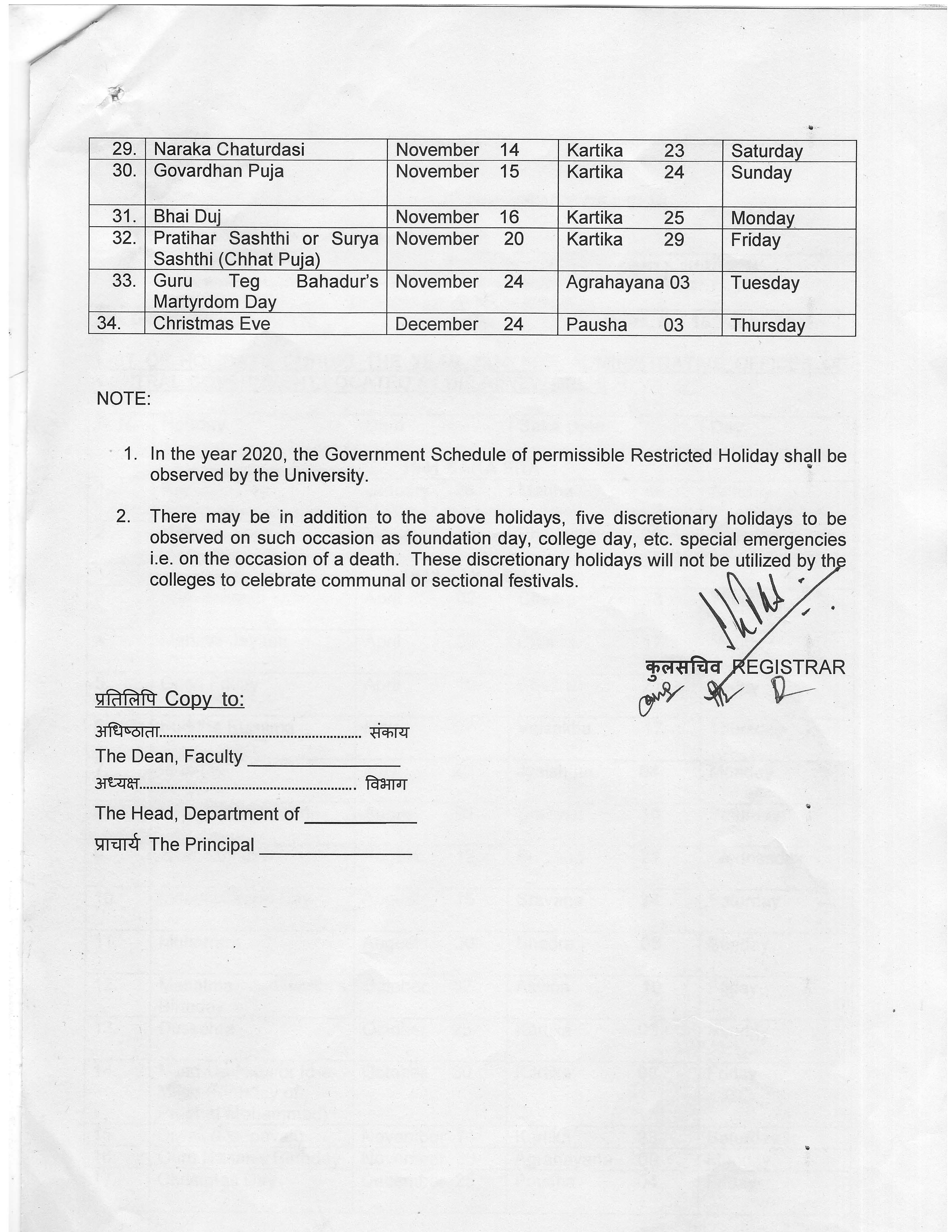 List of Holidays Bharati College Constituent College of University